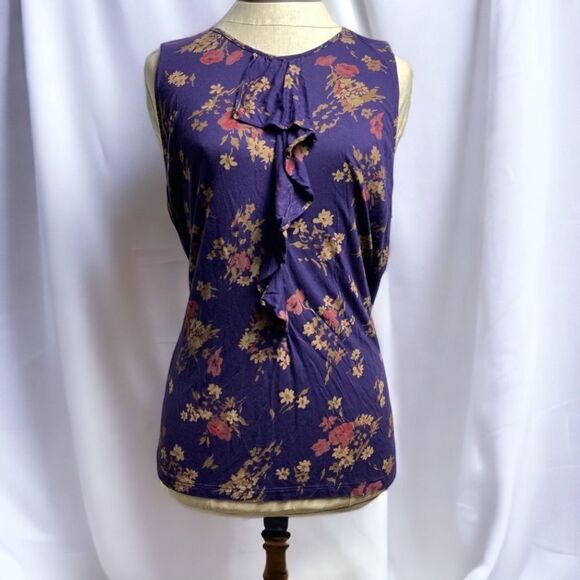 NWT New Chaps Viscose Top Tee Blouse Floral Purple Ruffle Front Sleeveless S - Picture 1 of 13
